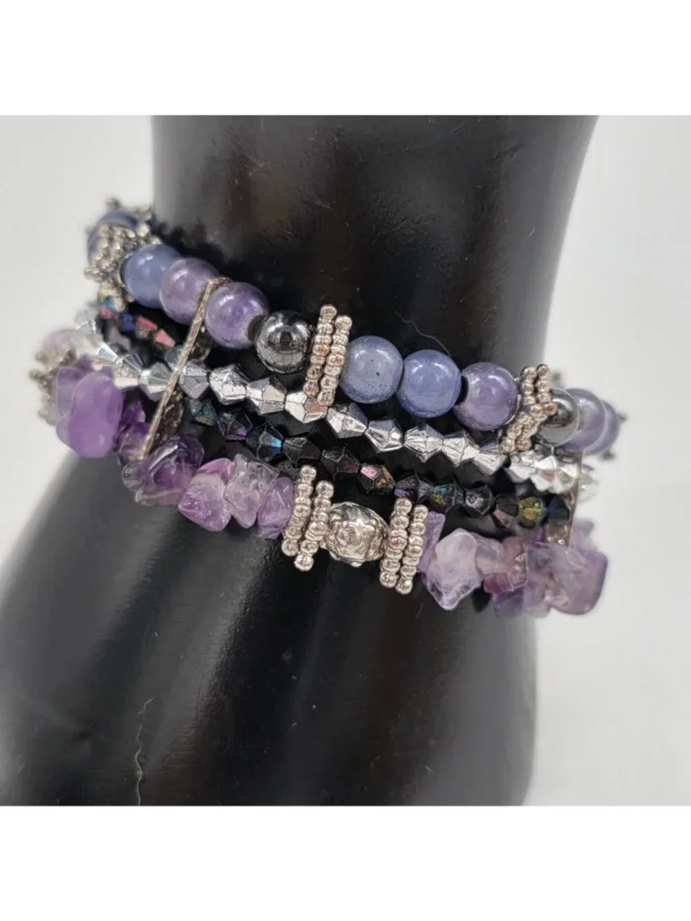 Amethyst Chips Bracelet Purple & Silver Multi-Strand Beaded 1" Wide - Picture 2 of 4